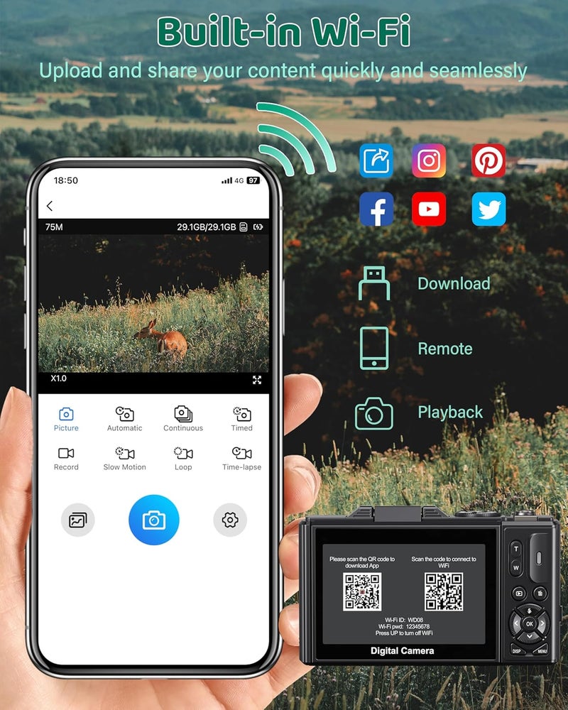 Pedtail 5K Digital Camera - WiFi 75MP Cameras for Photography - UHD Vlogging Camera for YouTube with 3" 180° Flip Screen - Autofocus Compact Video Travel Camara with 18X Zoom, 32GB SD Card, 2 Batteries - Image 5